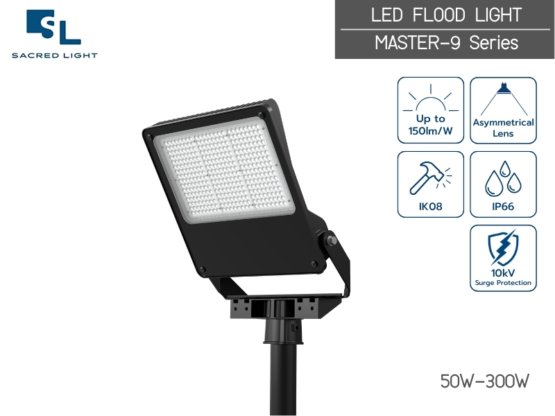 โคมไฟฟลัดไลท์ 400W รุ่น MASTER-9 สว่างสูงสุด 150lm/W เลนส์อสมมาตรลดแสงแยงตา ประกัน 5 ปี | SacredLight