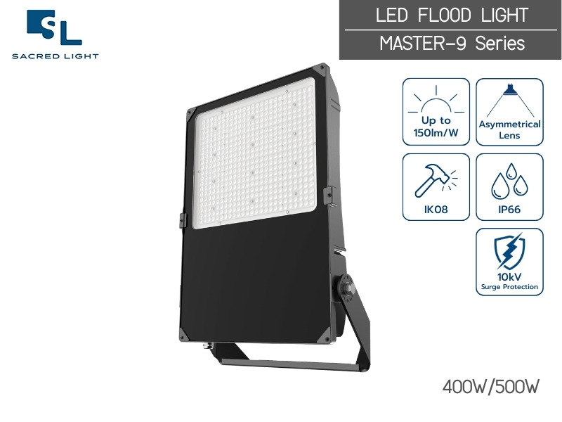 โคมไฟฟลัดไลท์ 400W รุ่น MASTER-9 สว่างสูงสุด 150lm/W เลนส์อสมมาตรลดแสงแยงตา ประกัน 5 ปี | SacredLight
