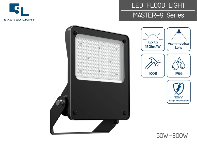โคมไฟฟลัดไลท์ 400W รุ่น MASTER-9 สว่างสูงสุด 150lm/W เลนส์อสมมาตรลดแสงแยงตา ประกัน 5 ปี | SacredLight