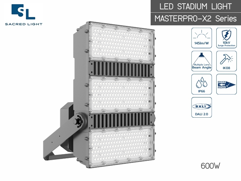 โคมไฟสปอร์ตไลท์ สำหรับสนามกีฬา LED MASTERPRO-X2 Series (400W-1200W) สว่างมาตรฐานสากล น้ำหนักเบาที่สุด โดย SacredLight