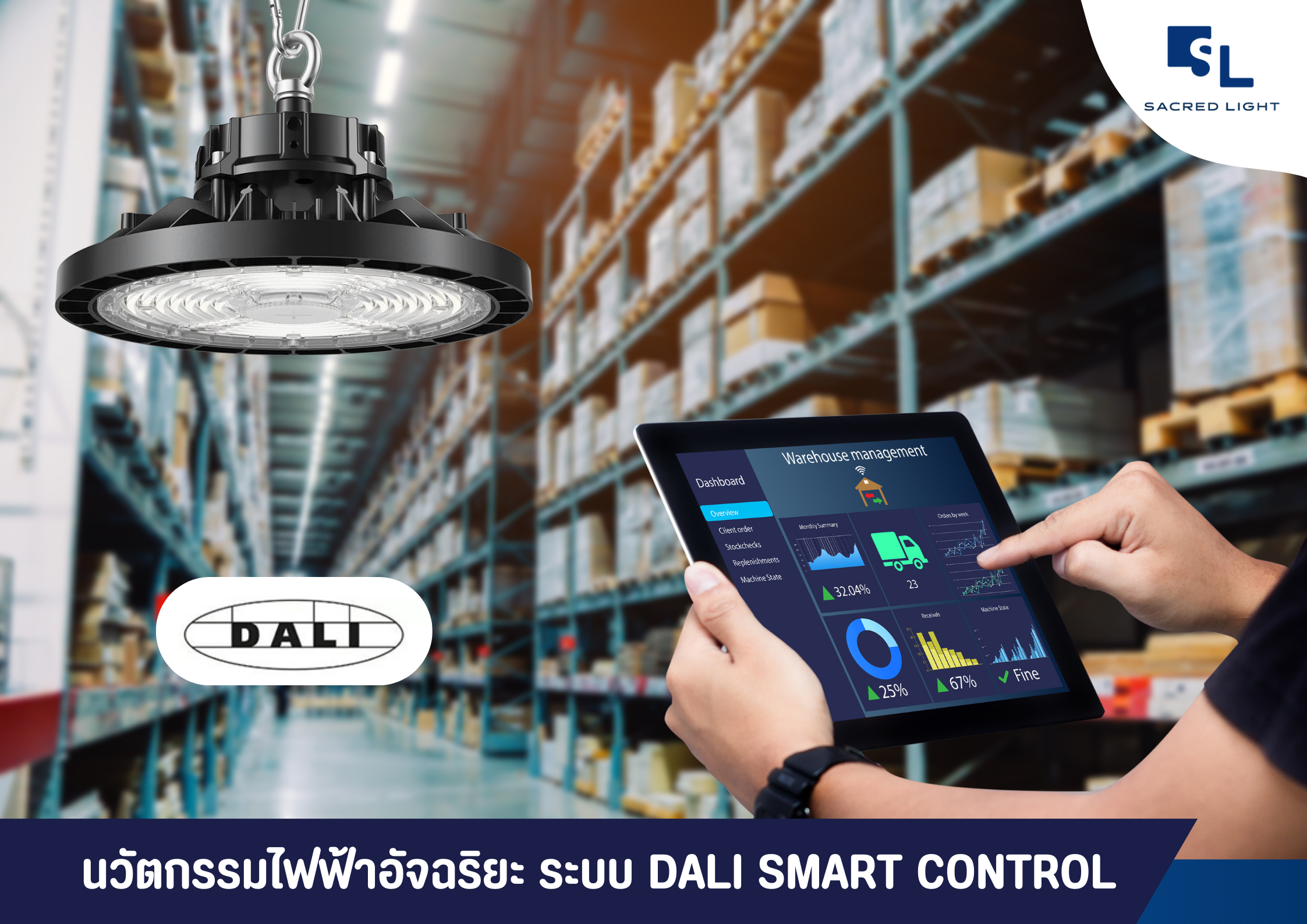 ระบบ DALI Smart Control โคมไฟโรงงาน LED High Bay ควบคุมผ่าน DALI Bus ประหยัดพลังงาน 40-60% SacredLight