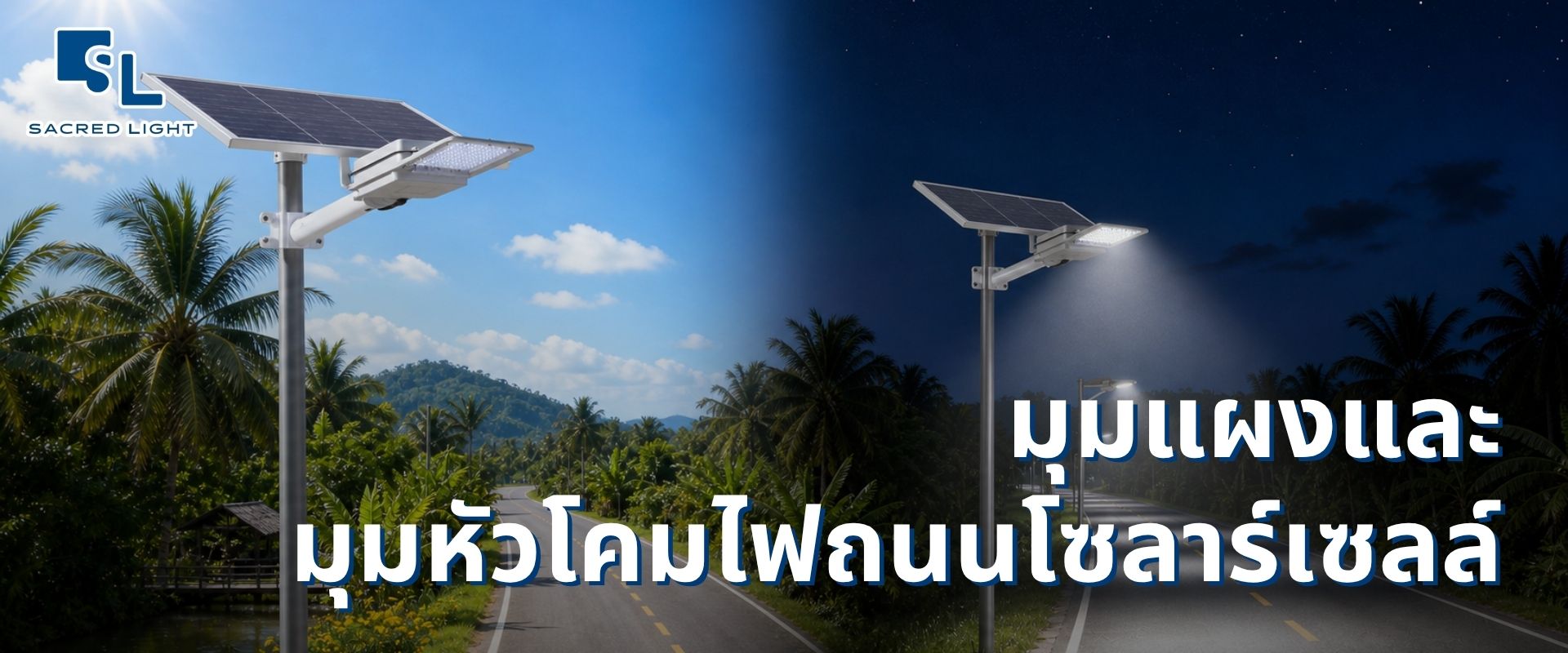 มุมแผงและมุมหัวโคมไฟถนนโซลาร์เซลล์ เปรียบเทียบการทำงานกลางวันและกลางคืน โดย SacredLight