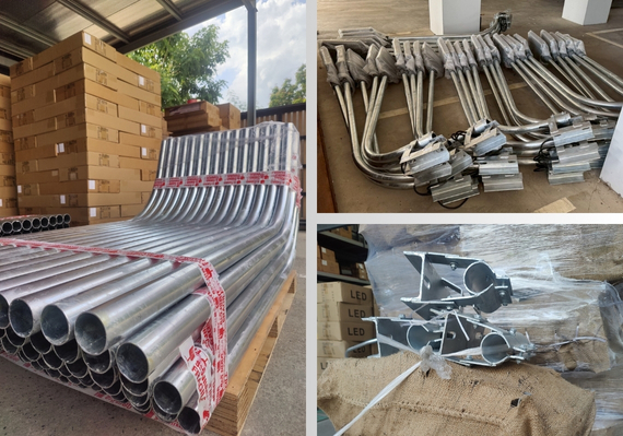 กิ่งโคม หรือแขนจับโคมไฟถนน คืออุปกรณ์ที่ใช้ยึดโคมไฟเข้ากับเสาไฟหรือผนัง ช่วยขยายระยะห่างของโคมไฟออกจากเสาเพื่อการกระจายแสงที่เหมาะสมบนผิวถนนหรือพื้นที่เป้าหมาย กิ่งโคมไฟถนนที่พบทั่วไปทำจากท่อเหล็กคุณภาพสูง มีความแข็งแรงทนทาน โดยขนาดเส้นผ่านศูนย์กลางท่อที่ใช้มักอยู่ราว 1–2 นิ้ว ขึ้นอยู่กับการออกแบบและน้ำหนักของโคมไฟที่รองรับ รูปทรงกิ่งโคมมีทั้งแบบโค้งมาตรฐาน และแบบแขนตรงหรือรูปตัวที ซึ่งเลือกใช้ตามความเหมาะสมของพื้นที่และความต้องการส่องสว่าง กิ่งโคมไฟถนนที่ผลิตในประเทศไทยมักผ่านการเคลือบผิวเพื่อป้องกันสนิมและเพิ่มความสวยงาม มีสองแบบหลักคือ แบบชุบกัลวาไนซ์แบบจุ่มร้อน ซึ่งจะได้ผิวสีเงินเมทัลลิกและทนต่อการกัดกร่อนสูง สามารถใช้งานภายนอกได้นานหลายปีโดยไม่เป็นสนิม อีกแบบคือ แบบพ่นสี ซึ่งนิยมพ่นสีเทาหรือสีดำเพื่อความเรียบร้อยกลมกลืนกับสภาพแวดล้อม ทั้งสองแบบมีคุณสมบัติการใช้งานไม่ต่างกันมากนัก แต่แบบชุบกัลวาไนซ์จะเด่นเรื่องความทนทานต่อสภาพอากาศมากกว่า จึงเป็นที่นิยมสำหรับงานภายนอกที่ต้องการอายุการใช้งานยาวนาน การติดตั้งและการใช้งาน: กิ่งโคมสามารถติดตั้งโดยยึดกับปลายยอดเสาไฟ (กรณีเสาไฟกิ่งเดี่ยวหรือกิ่งคู่) หรือยึดข้างเสาหรือผนัง (กรณีกิ่งโคมติดผนัง) โดยใช้แคล้มป์หรือชุดน็อตยึดอย่างแน่นหนา กิ่งโคมมาตรฐานกรมทางหลวงของไทยจะมีฐานยึดที่ออกแบบให้เข้ากับเสาไฟมาตรฐาน เช่น เสาเหล็กกลม 4–6 นิ้ว และรองรับน้ำหนักโคมไฟถนน LED หรือโคมไฟทางแบบเดิมได้ตั้งแต่ประมาณ 1–30 กิโลกรัมต่อกิ่ง ตามรุ่นที่เลือกใช้นอกจากนี้บางรุ่นอาจออกแบบให้ปรับมุมเงยของโคมไฟได้ เพื่อให้การกระจายแสงตกสู่พื้นตามความกว้างถนนที่ต้องการ โดยสรุป กิ่งโคมเป็นชิ้นส่วนเล็กแต่สำคัญที่ช่วยให้ระบบไฟส่องสว่างทำงานได้อย่างมีประสิทธิภาพ วัสดุที่แข็งแรงและการป้องกันสนิมที่ดีทำให้กิ่งโคมที่ผลิตโดยผู้ผลิตไทยมีความน่าเชื่อถือ สามารถใช้งานภายนอกอาคารในทุกสภาพอากาศได้โดยต้องการการดูแลรักษาน้อยมาก เพียงตรวจสอบความแน่นหนาของน็อตยึดเป็นครั้งคราวก็เพียงพอแล้ว