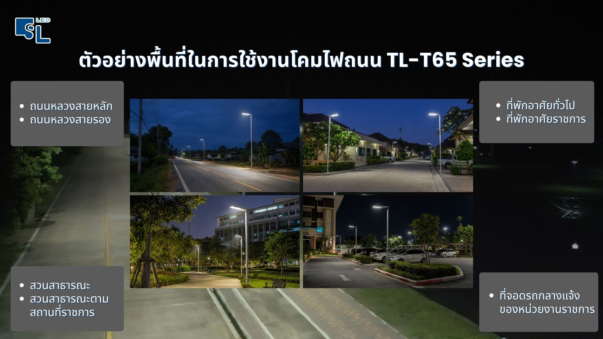 ตัวอย่างพื้นที่ใช้งานโคมไฟถนน LED TL-T65 ถนนหลวง ที่พักราชการ สวนสาธารณะ และลานจอดรถหน่วยงานราชการ