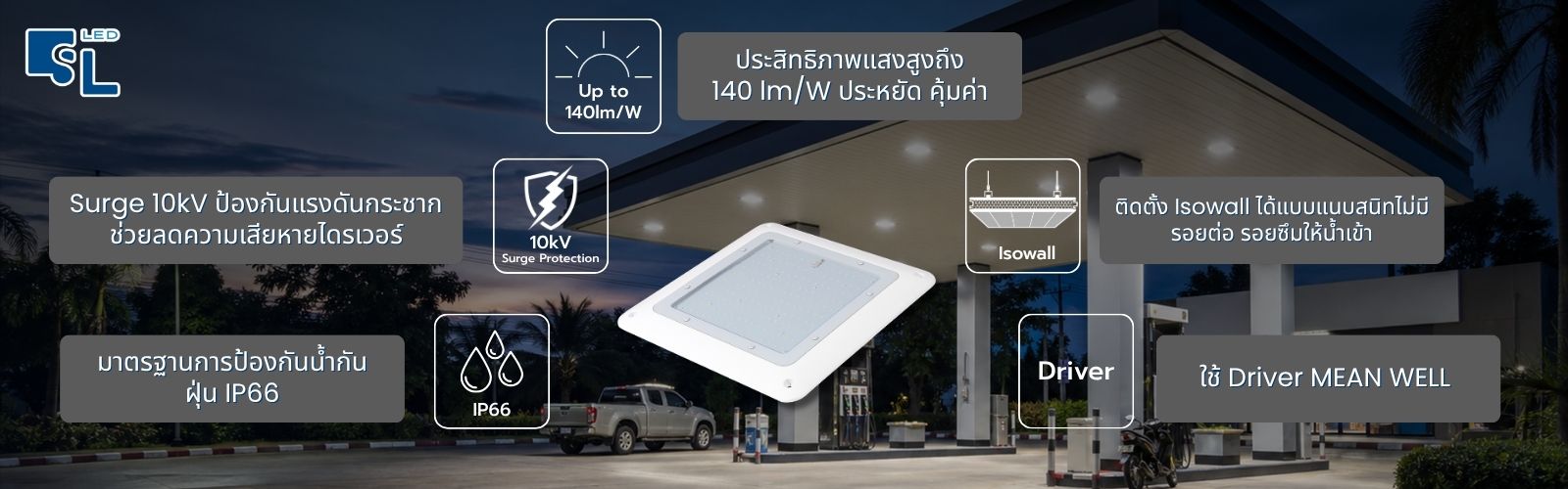 จุดเด่นโคมไฟปั๊มน้ำมัน CP2 Series Philips MEAN WELL Isowall 140 lm/W IP66 Surge 10kV โดย SacredLight