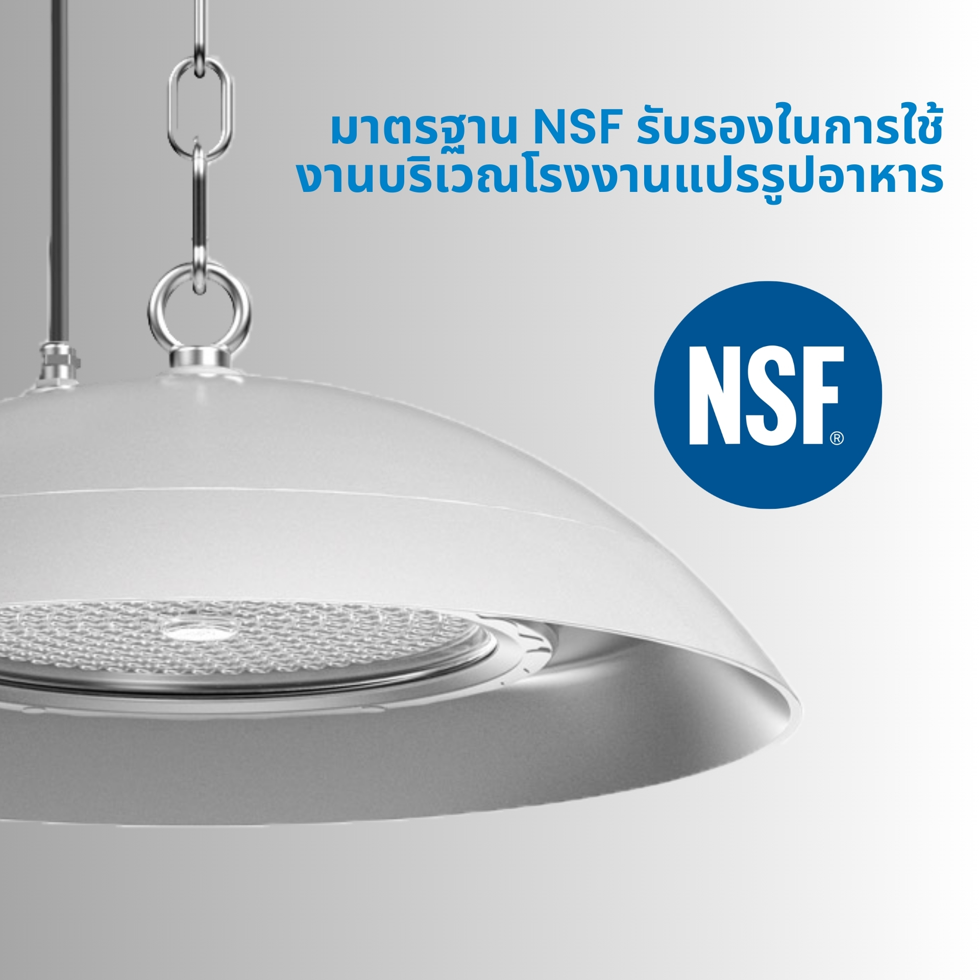 มาตรฐาน NSF รับรองความปลอดภัยอาหาร (NSF Certified) ผ่านการรับรองมาตรฐาน NSF (National Sanitation Foundation) มั่นใจได้ในความปลอดภัยต่อกระบวนการผลิตอาหาร (Food Safety) ผิวโคมเรียบเนียน ไร้ซอกมุมสะสมเชื้อโรค ปลอดสารพิษ เหมาะสำหรับโซนผลิตอาหารและเครื่องดื่มโดยเฉพาะ