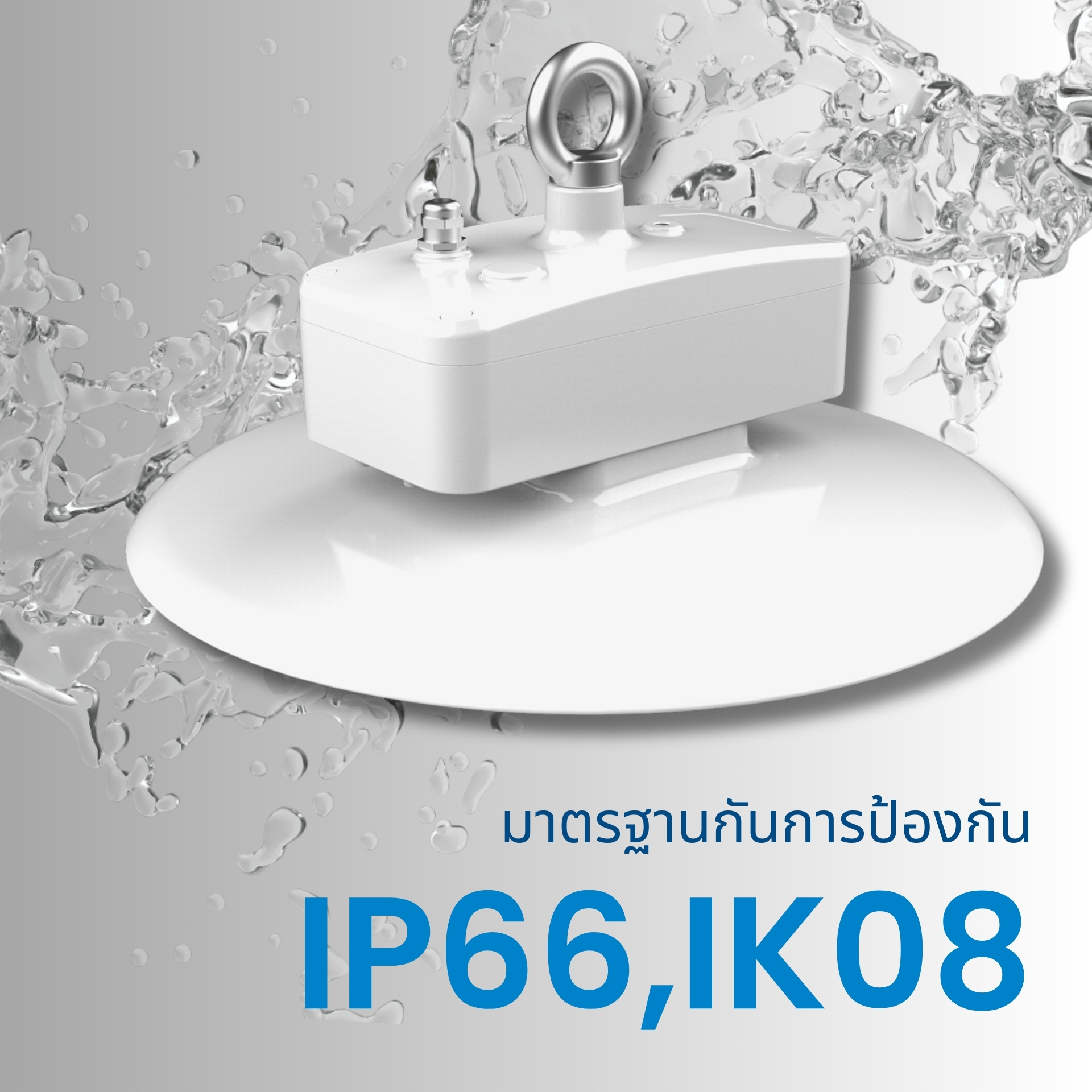 มาตรฐานการป้องกันขั้นสูง สามารถฉีดล้างทำความสะอาดได้ตามมาตรฐานโรงงานทั่วไป (IP66) ป้องกันฝุ่นแป้งและความชื้นเข้าสู่ตัวโคมได้อย่างสมบูรณ์ ยืดอายุการใช้งานให้ยาวนาน  มาพร้อมโครงสร้างแข็งแรงทนทาน ได้รหัสการกันกระแทก IK08 ลดความเสี่ยงโคมแตกเสียหายจากการกระทบกระเทือนของเครื่องจักรหรืออุบัติเหตุในไลน์ผลิต