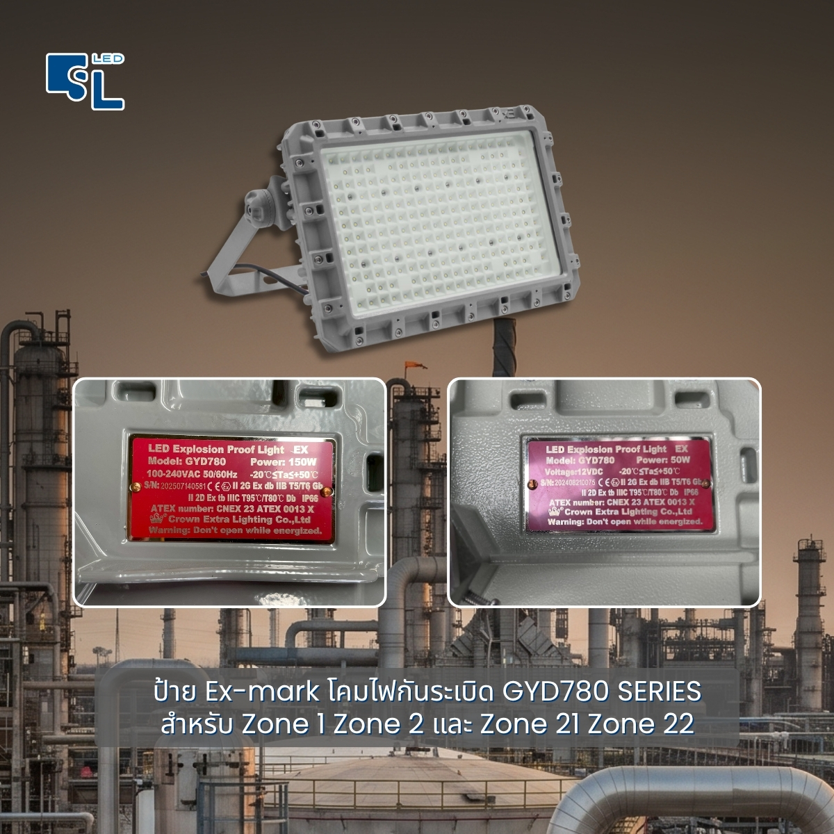 ป้าย Ex-mark โคมไฟกันระเบิด GYD780 Series สำหรับ Zone 1 Zone 2 และ Zone 21 Zone 22