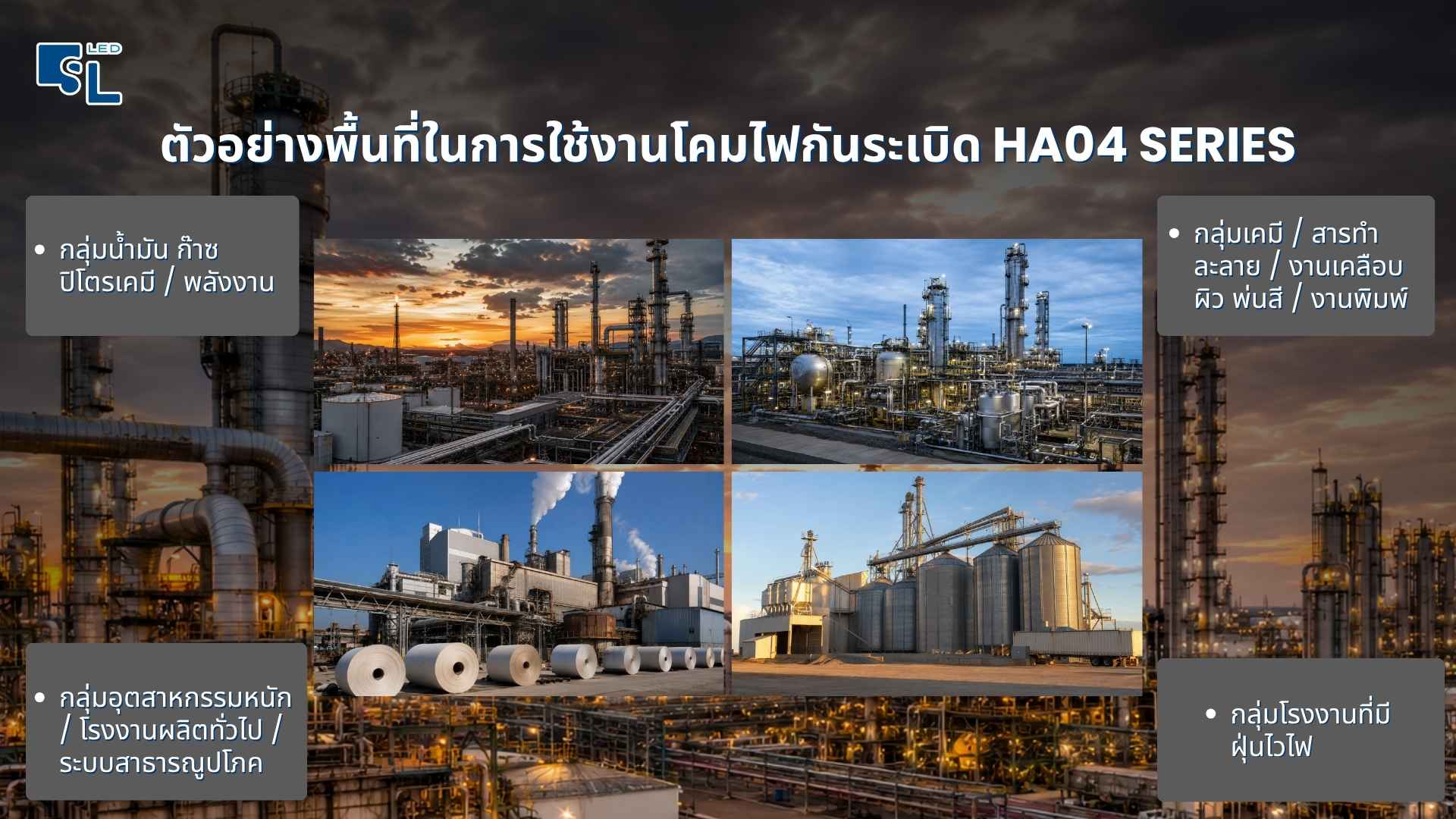 ตัวอย่างพื้นที่ใช้งานโคมไฟกันระเบิด LED ฟลัดไลท์ HA04 Series ในโรงงานน้ำมัน ก๊าซ ปิโตรเคมี และพื้นที่ฝุ่นไวไฟ