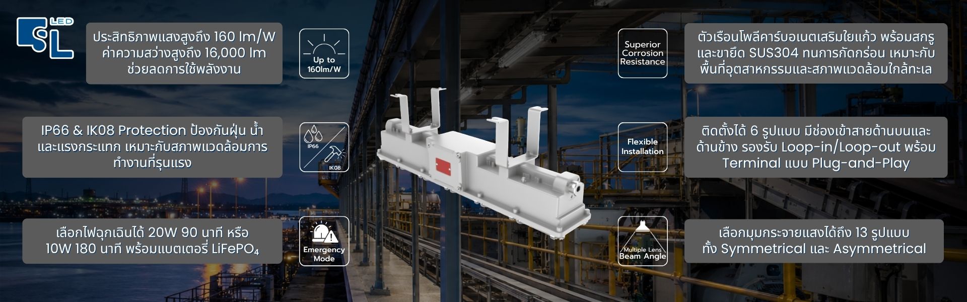 จุดเด่นโคมไฟกันระเบิดแบบยาว HA06 Series 160 lm/W IP66 IK08 Emergency Mode ทนกัดกร่อน โดย SacredLight