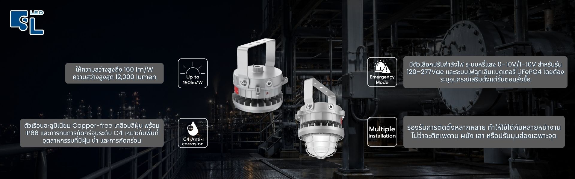 จุดเด่นโคมไฟไฮเบย์กันระเบิด HA10 Series 160 lm/W IP66 C4 Emergency Mode Adjustable Power โดย SacredLight