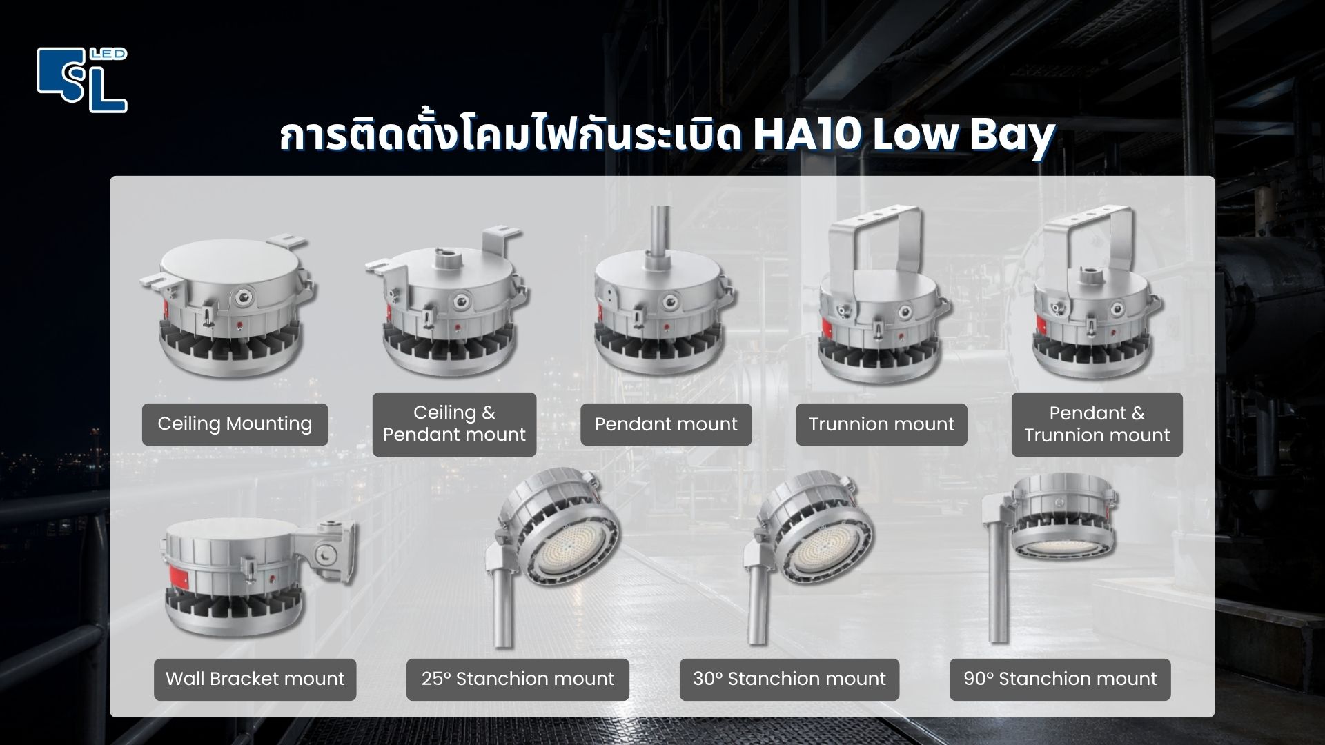การติดตั้ง 9 รูปแบบ Ceiling Pendant Trunnion Wall Bracket Stanchion โคมไฟไฮเบย์กันระเบิด HA10 LowBay