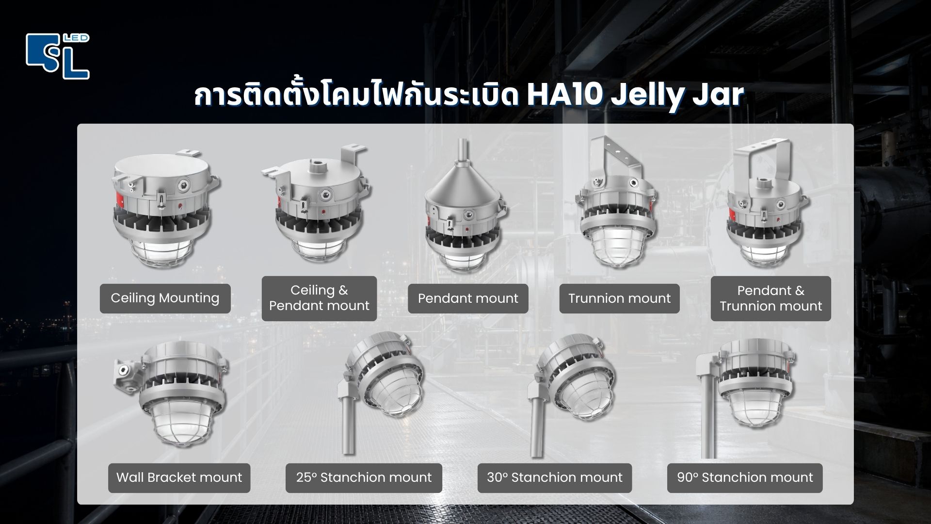 การติดตั้ง 9 รูปแบบ Ceiling Pendant Trunnion Wall Bracket Stanchion โคมไฟไฮเบย์กันระเบิด HA10 Jelly Jar