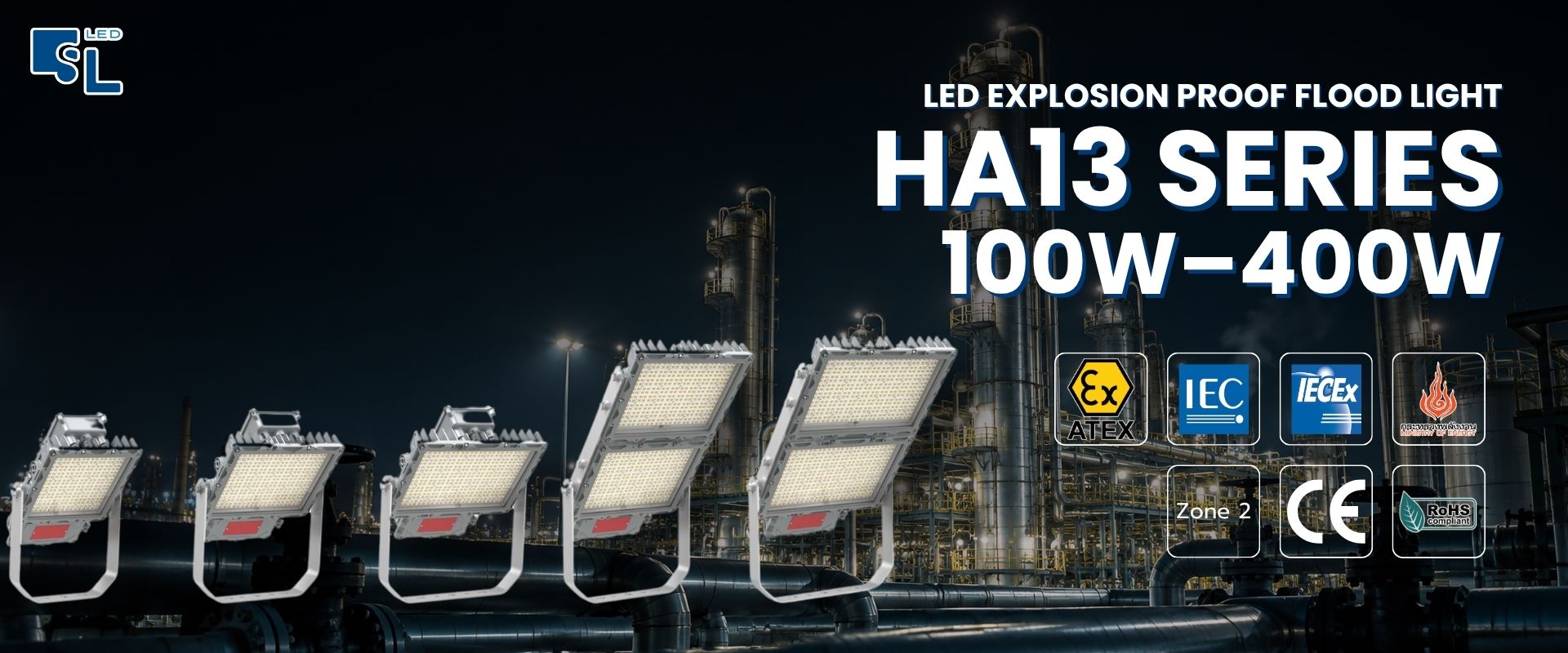 โคมไฟฟลัดไลท์กันระเบิด LED HA13 Series 100W-400W สำหรับพื้นที่อันตราย Zone 2 และ Zone 21/22 โดย SacredLight