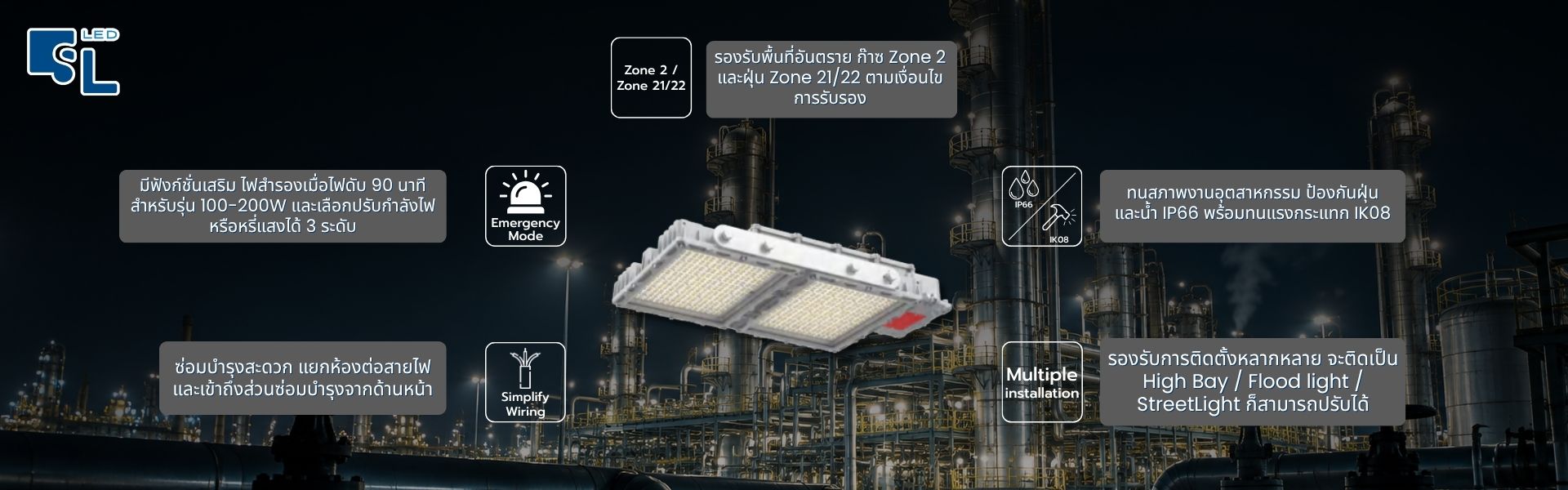 จุดเด่นโคมไฟฟลัดไลท์กันระเบิด HA13 Zone 2 IP66 IK08 ไฟสำรองฉุกเฉิน และติดตั้งได้หลายแบบ