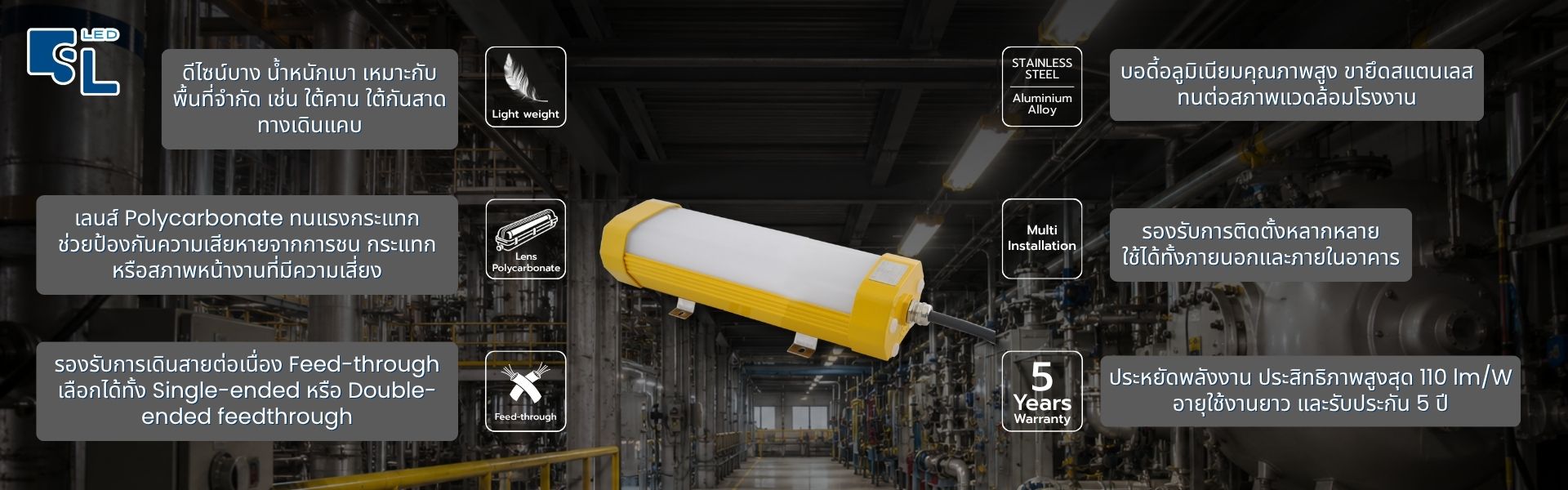 จุดเด่นโคมไฟกันระเบิด LED KLE1011-ATEX น้ำหนักเบา อลูมิเนียมอัลลอย เลนส์ PC ทนกระแทก Feed-through รับประกัน 5 ปี