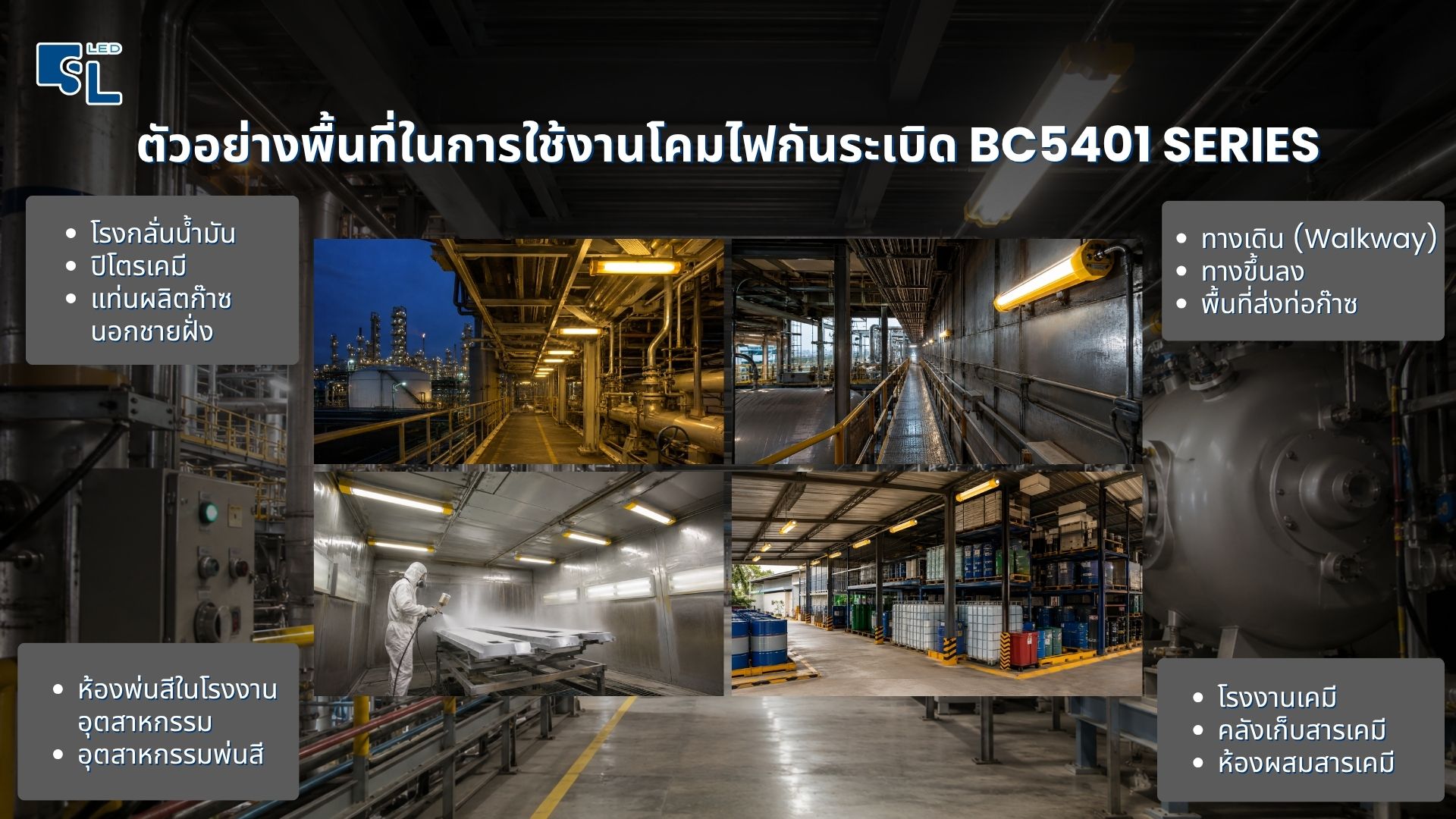 ตัวอย่างพื้นที่ใช้งานโคมไฟกันระเบิด LED KLE1011-ATEX โรงกลั่นน้ำมัน ปิโตรเคมี ห้องพ่นสี โรงงานเคมี Zone 1 Zone 2 โดย SacredLight