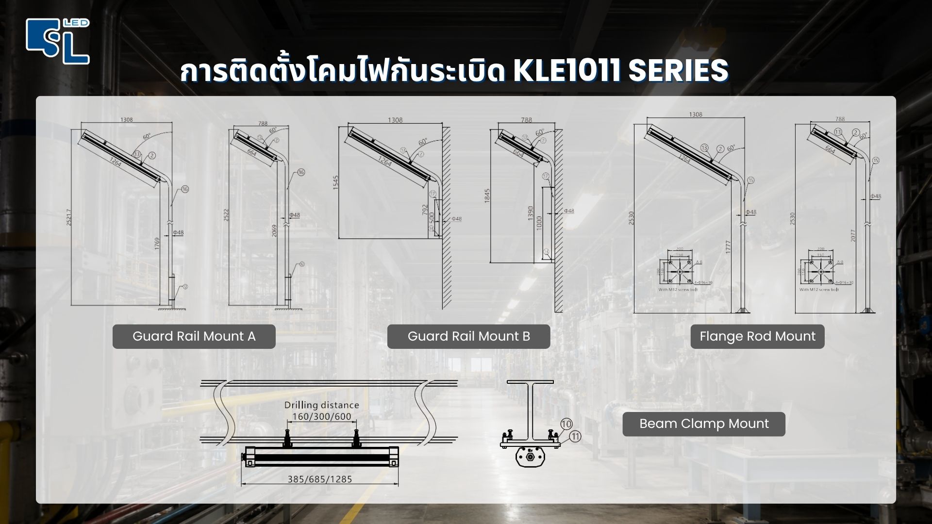 การติดตั้งโคมไฟกันระเบิด KLE1011 SERIES แบบ Guard Rail Mount A/B, Flange Rod Mount, Beam Clamp Mount