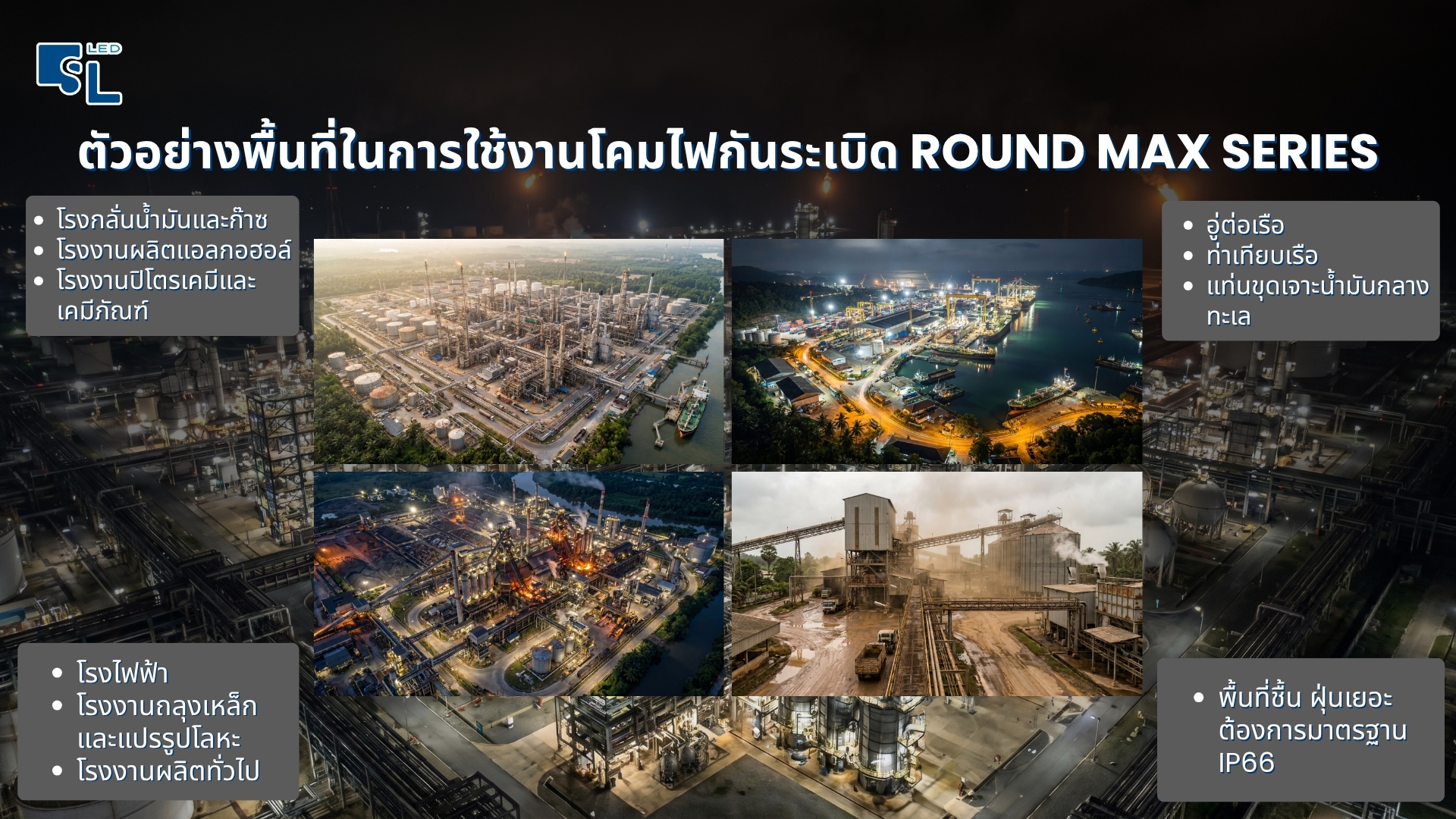 ตัวอย่างพื้นที่ใช้งานโคมไฟกันระเบิด ROUND MAX Series ในโรงกลั่น ปิโตรเคมี ท่าเรือ และโรงไฟฟ้า