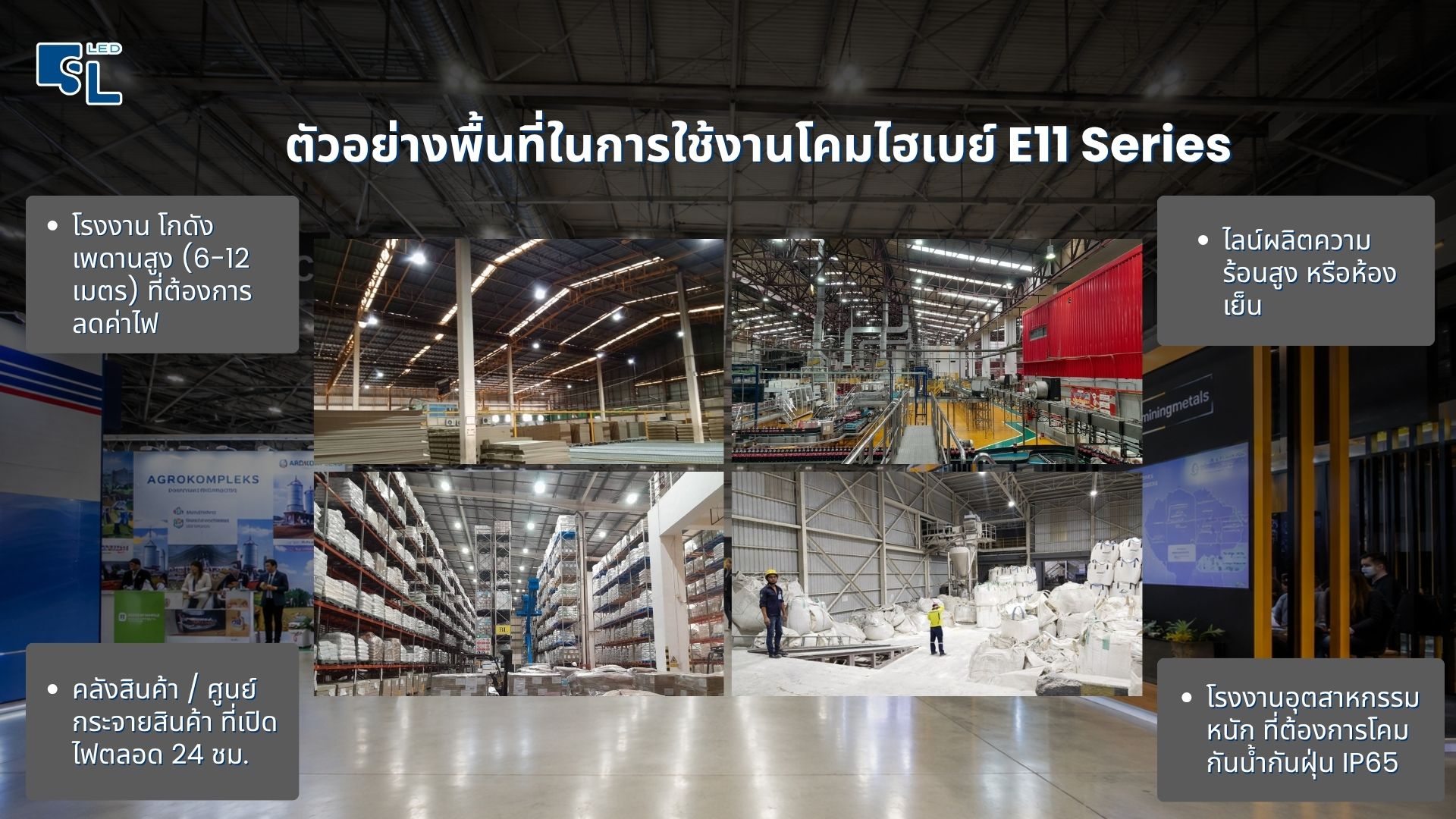 ตัวอย่างการติดตั้งโคมไฟไฮเบย์ LED E11 Series ในโรงงานอุตสาหกรรมและคลังสินค้า โดย SacredLight