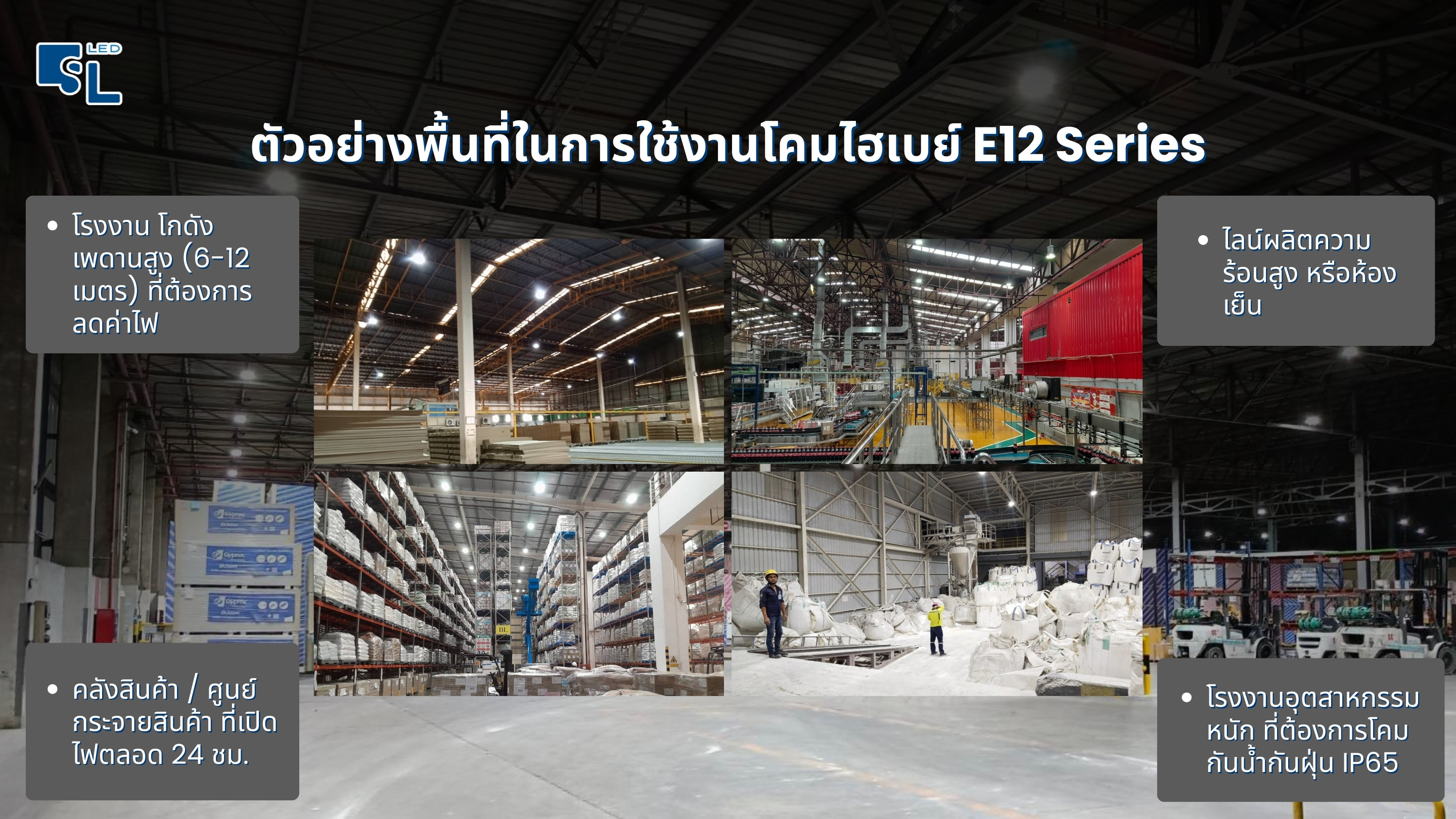 หน้างานที่รองรับการใช้งานโคมไฟไฮเบย์ E12 Series