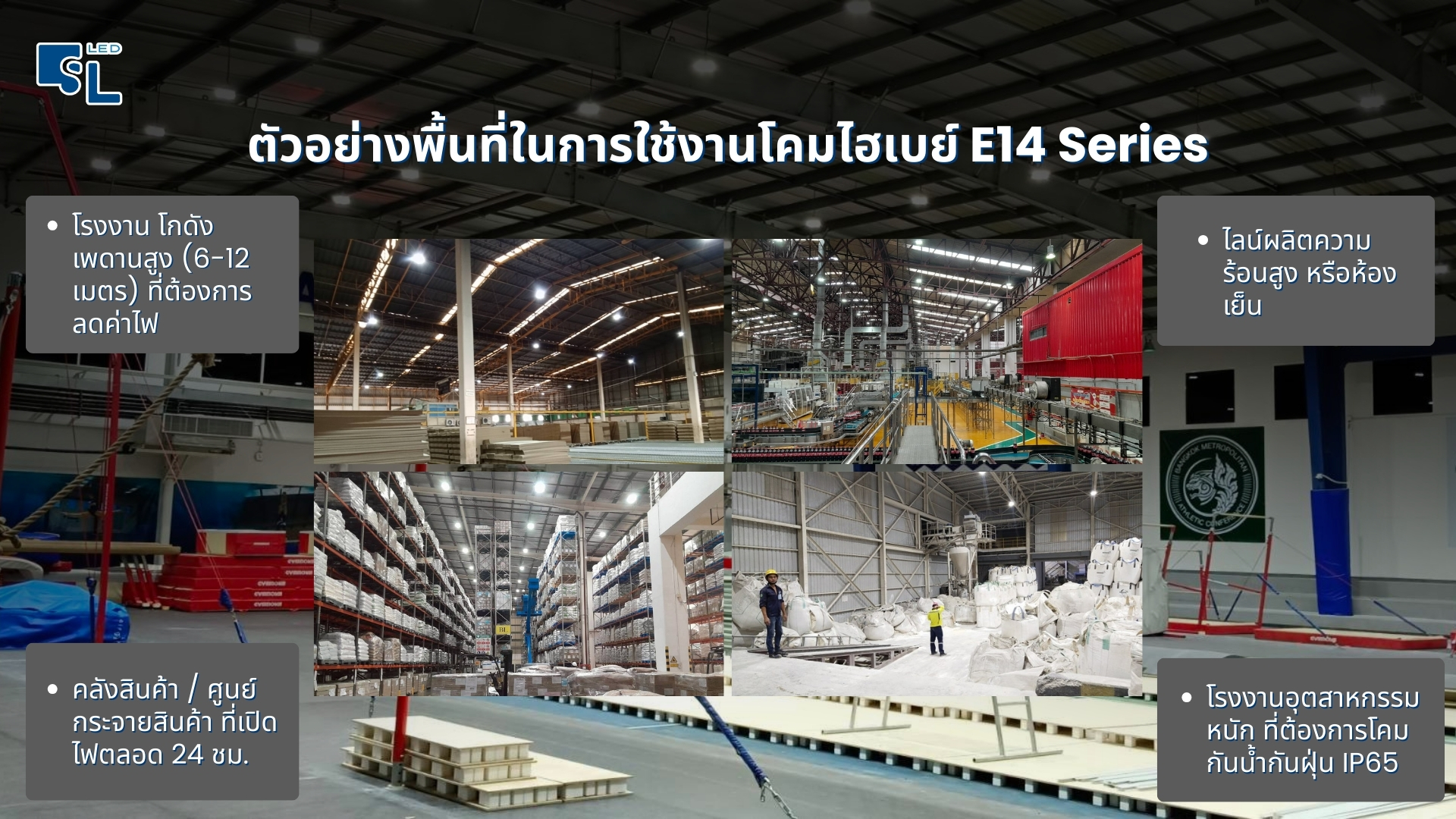 หน้างานที่รองรับการใช้งานโคมไฟไฮเบย์ E14 Series