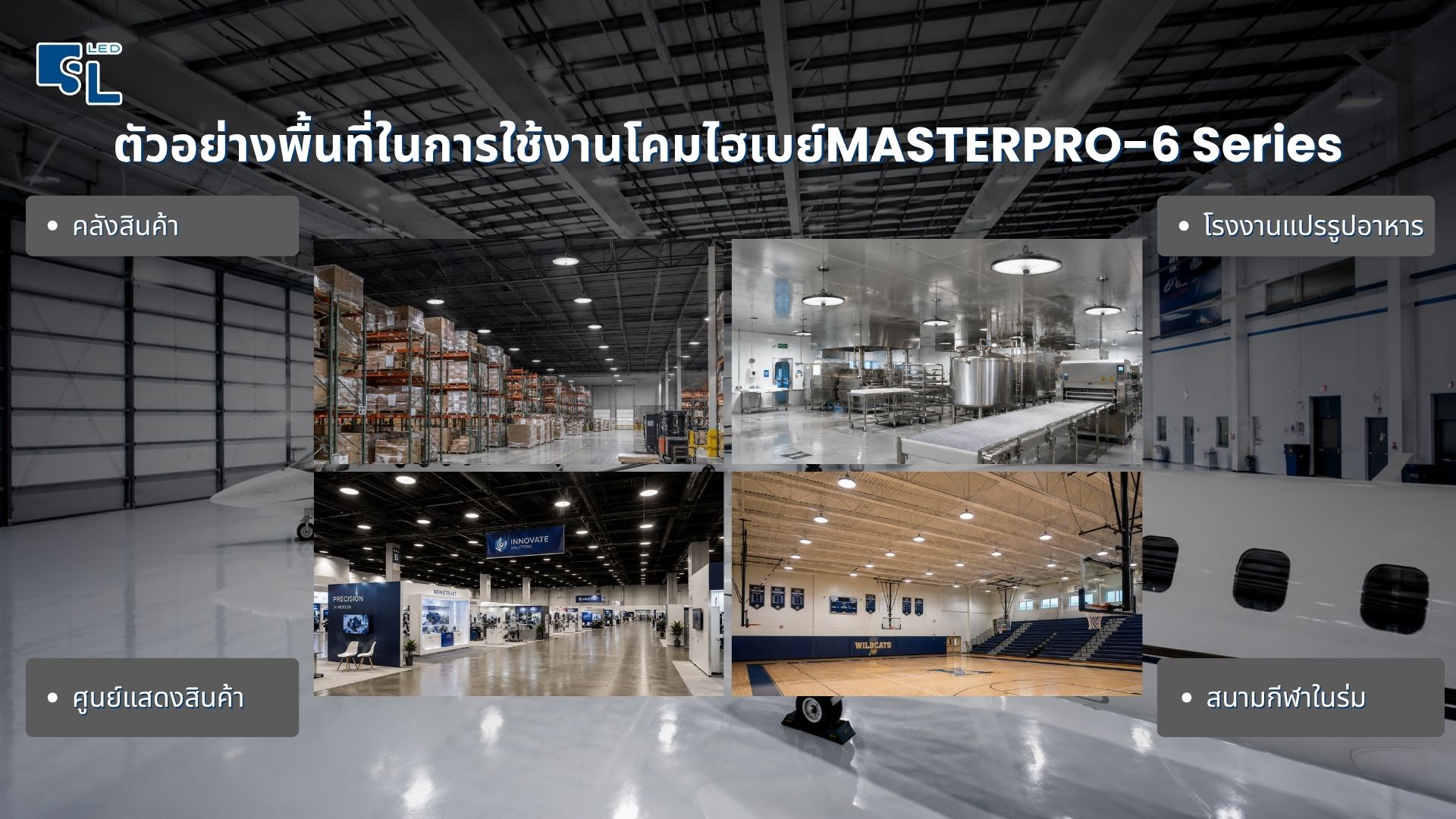 ติดตั้งโคมไฟไฮเบย์ LED MASTERPRO-6 ในคลังสินค้า โรงงานแปรรูปอาหาร ศูนย์แสดงสินค้า และสนามกีฬาในร่ม