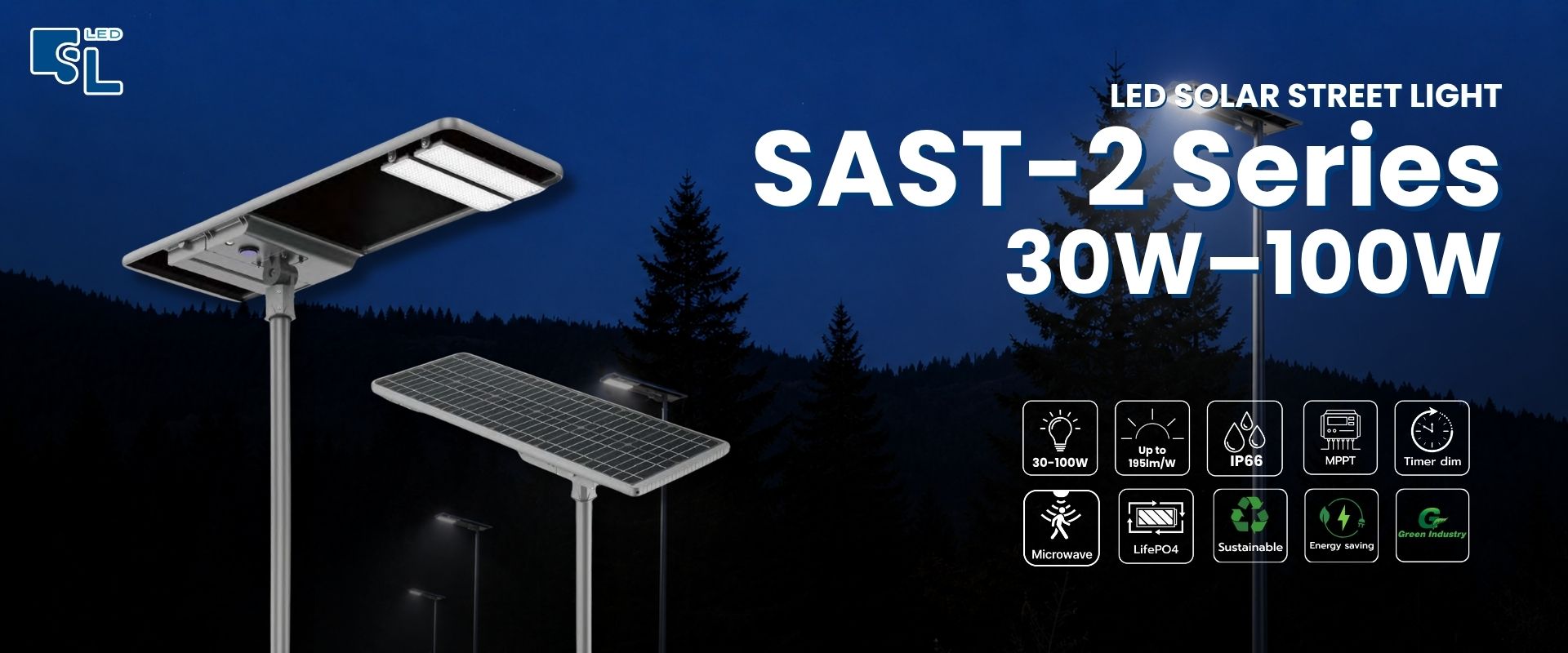 โคมไฟถนนโซล่าเซลล์ SAST-2 Series 30W-100W All-in-One ประสิทธิภาพ 195 lm/W IP66 โดย SacredLight