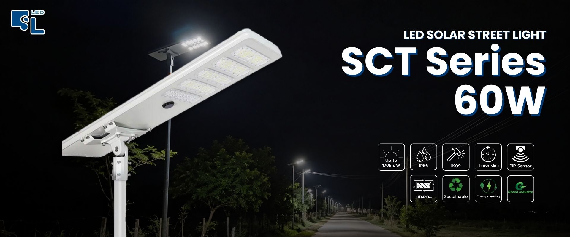 โคมไฟถนนโซล่าเซลล์ SCT Series 60W All-in-One สำหรับถนน ลานจอดรถ และพื้นที่กลางแจ้ง โดย SacredLight