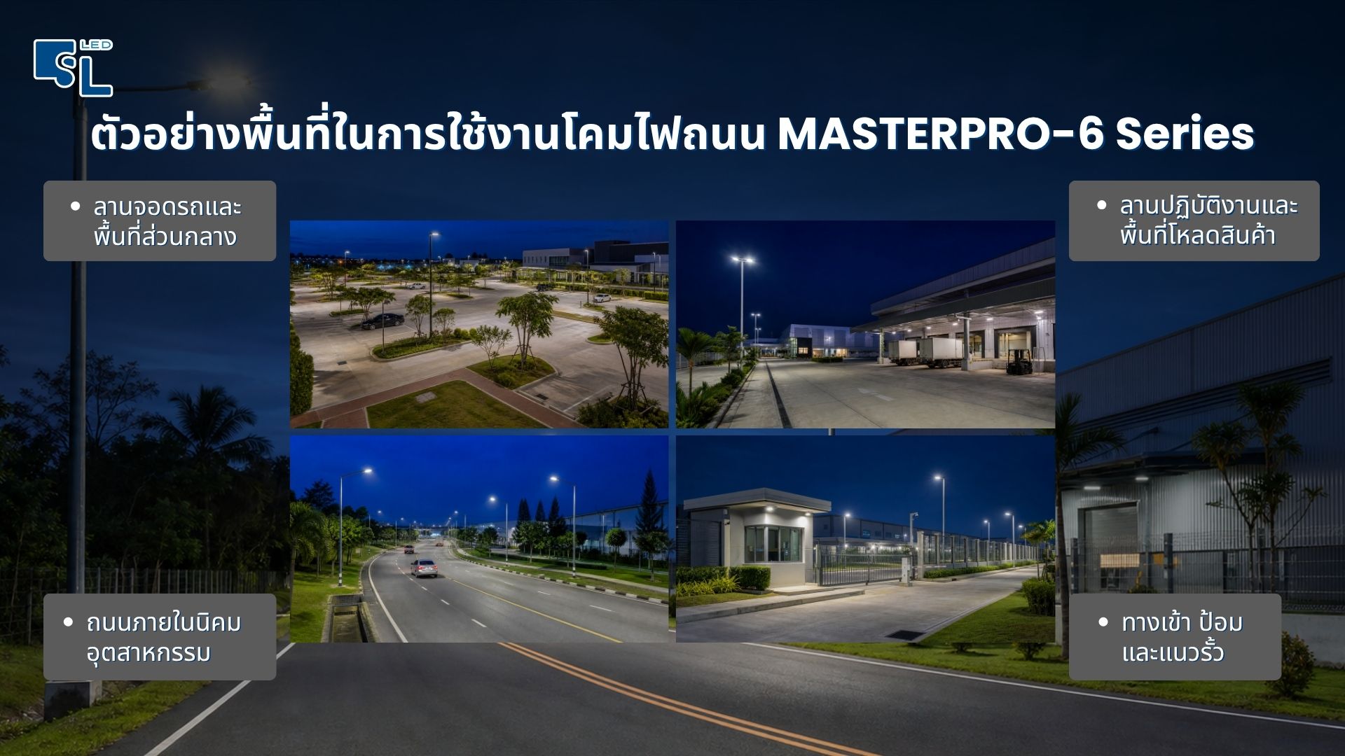 ติดตั้งโคมไฟถนน MASTERPRO-6 Series บนลานจอดรถ ลานปฏิบัติงาน ถนนในนิคมอุตสาหกรรม และแนวรั้ว โดย SacredLight
