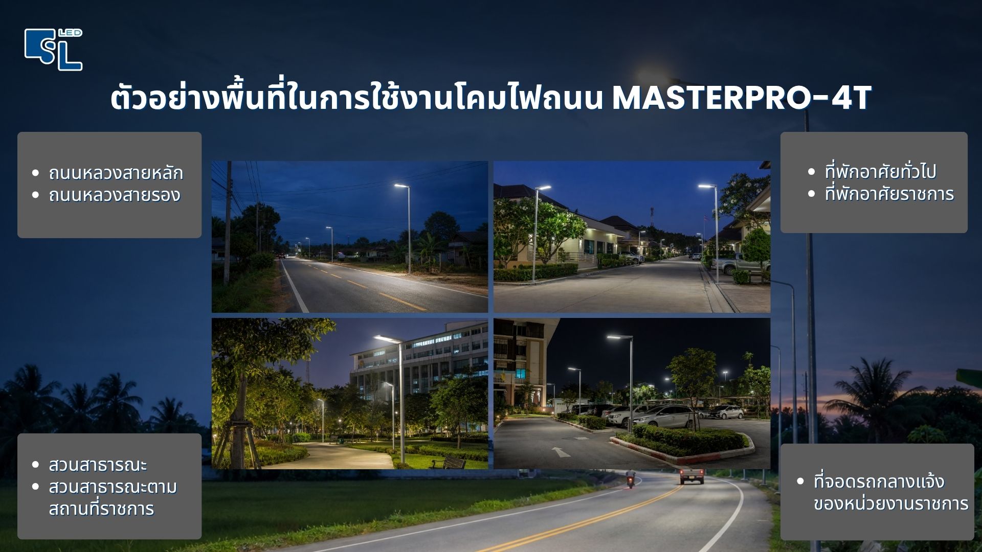 ติดตั้งโคมไฟถนน MASTERPRO-4T Series บนถนนหลวง ที่พักอาศัย สวนสาธารณะ และลานจอดรถราชการ โดย SacredLight