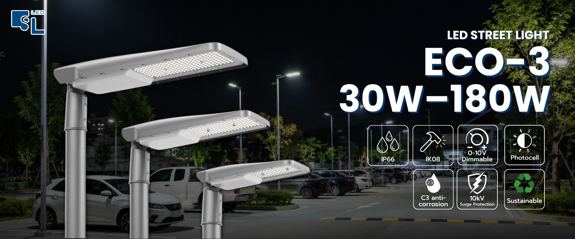 โคมไฟถนน LED ECO-3 Series 30W ถึง 180W สำหรับถนนและลานจอดรถ