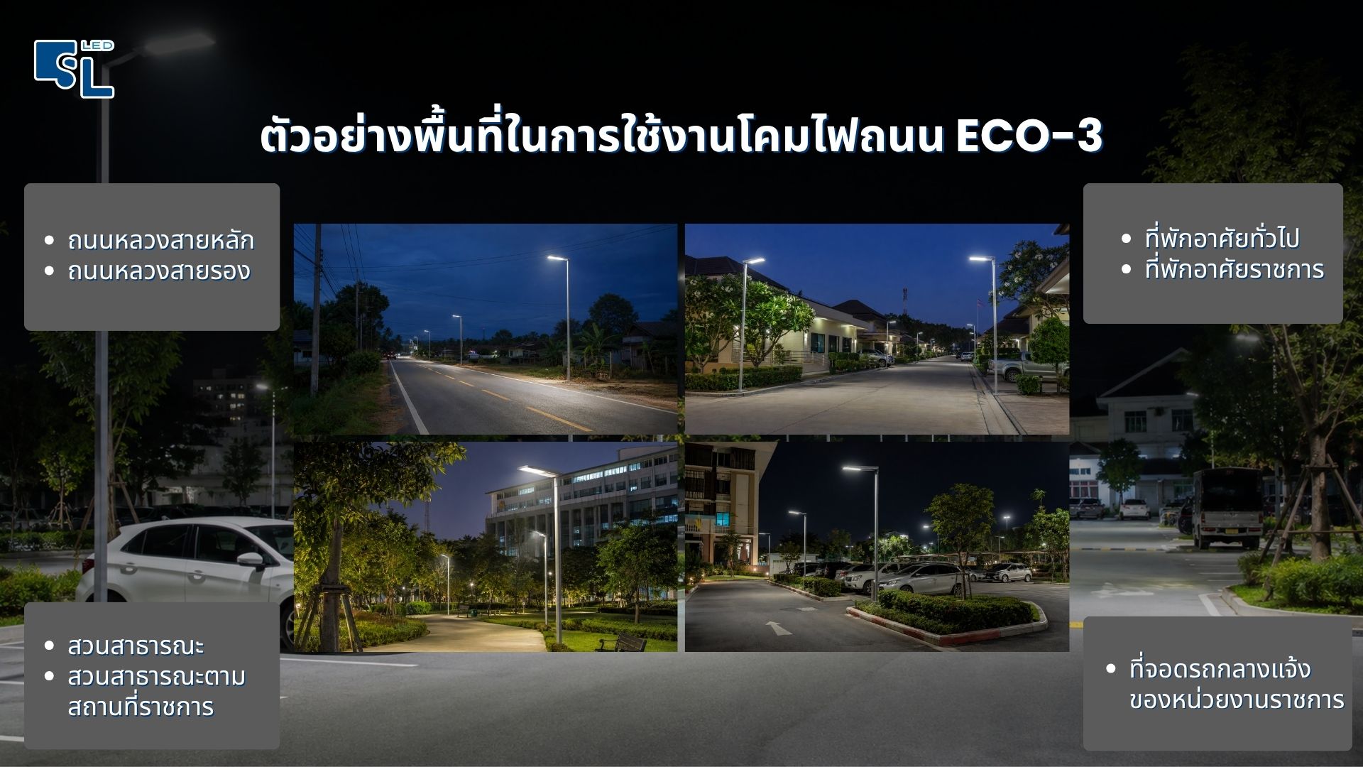 ตัวอย่างพื้นที่ใช้งานโคมไฟถนน LED ECO-3 ถนน ลานจอดรถ สวนสาธารณะ และพื้นที่ราชการ