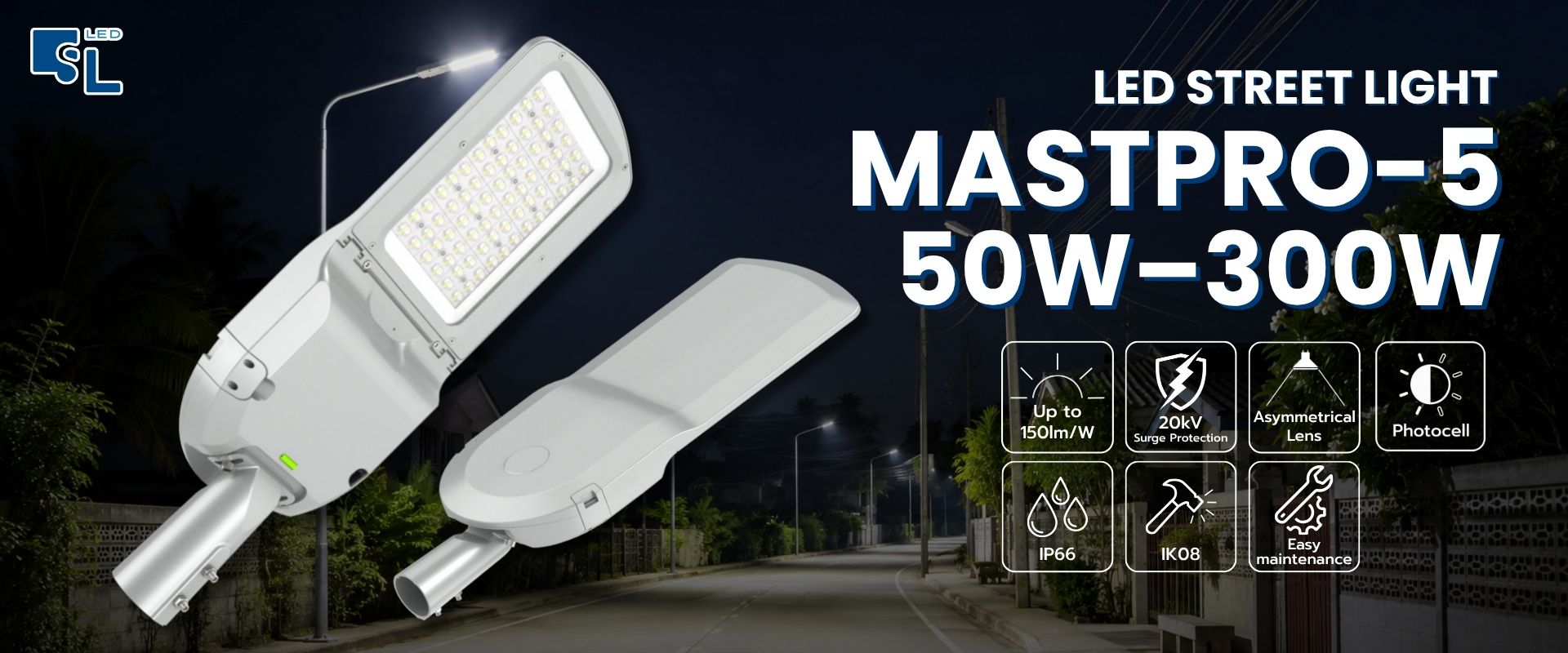 โคมไฟถนน LED รุ่น MASTERPRO-5 Series กำลังไฟ 50W-300W IP66 รองรับ 220V มาตรฐานกรมทางหลวง โดย SacredLight