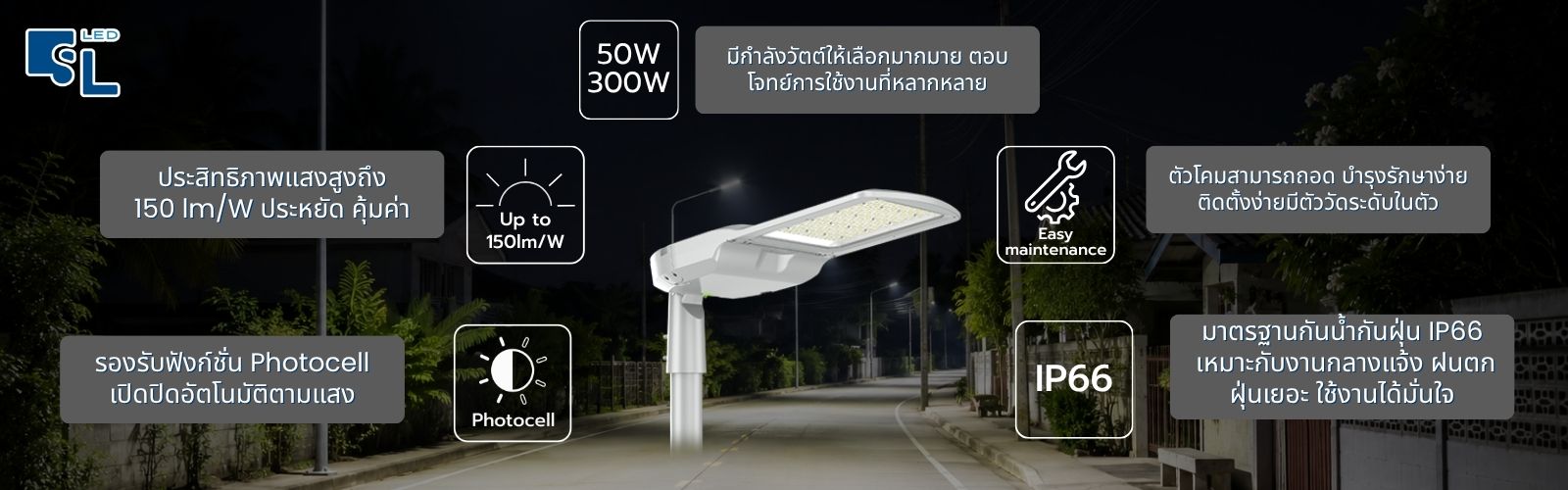 จุดเด่นโคมไฟถนน LED MASTERPRO-5 ประสิทธิภาพ 150lm/W Photocell IP66 Easy maintenance โดย SacredLight