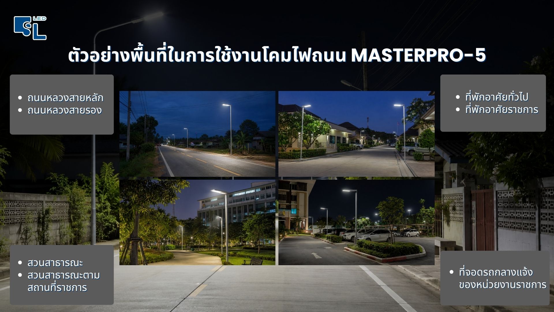 ตัวอย่างพื้นที่ใช้งานโคมไฟถนน LED MASTERPRO-5 ถนนหลวง ที่พักอาศัย สวนสาธารณะ ลานจอดรถ โดย SacredLight