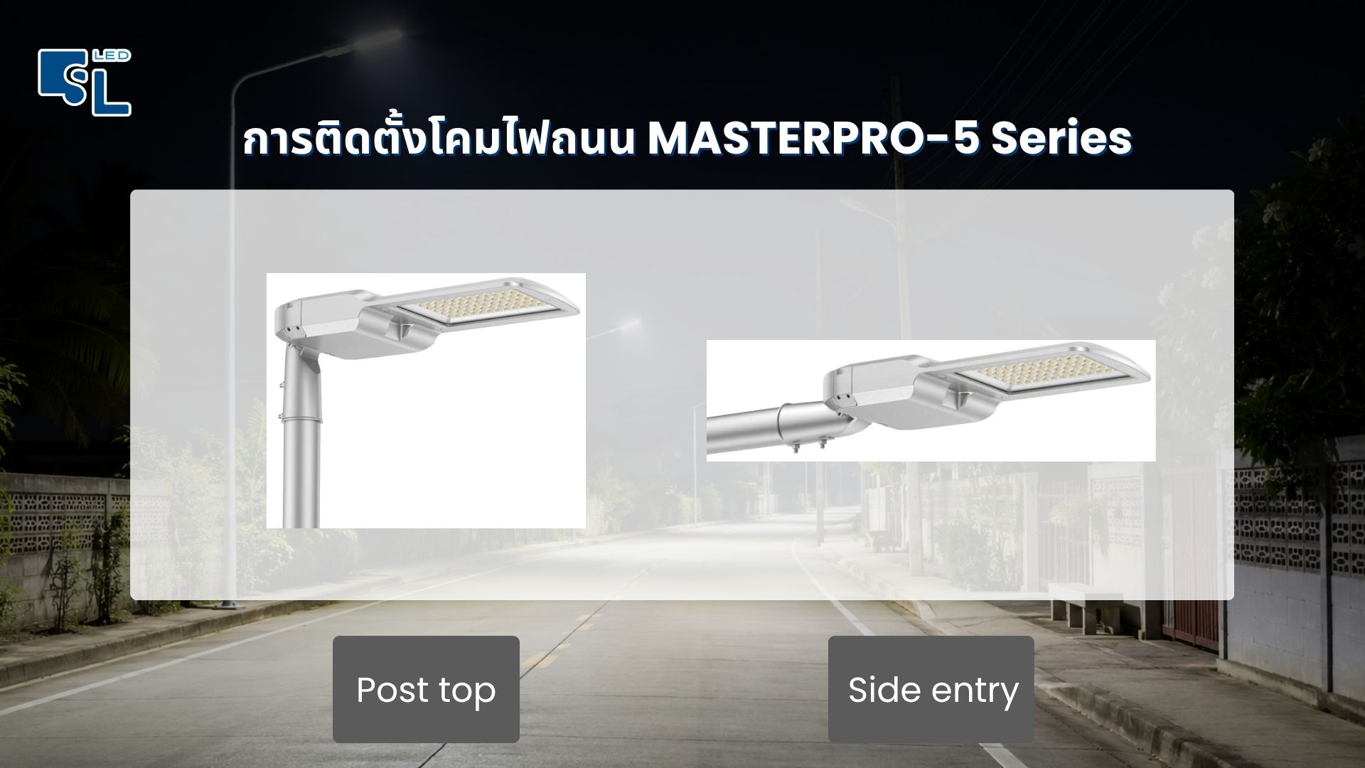 รูปแบบติดตั้ง Mounting โคมไฟถนน LED MASTERPRO-5 Post top และ Side entry