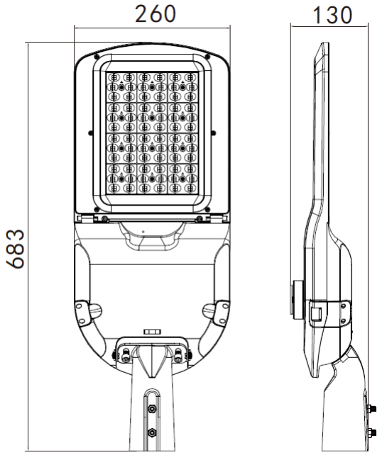 ขนาดโคมไฟถนน LED MASTERPRO-5 Series 150W