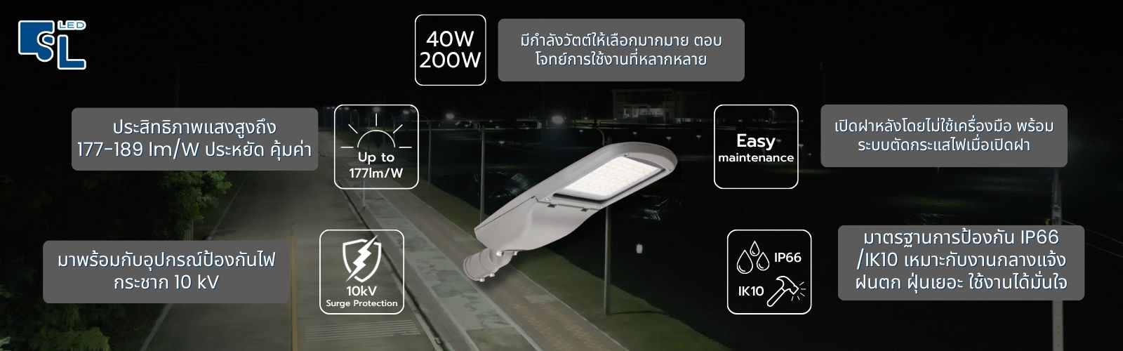 จุดเด่นโคมไฟถนน LED TL-T65 ประสิทธิภาพแสง 177-189 lm/W ป้องกันไฟกระชาก 10kV IK10 และเปิดฝาหลังไม่ใช้เครื่องมือ