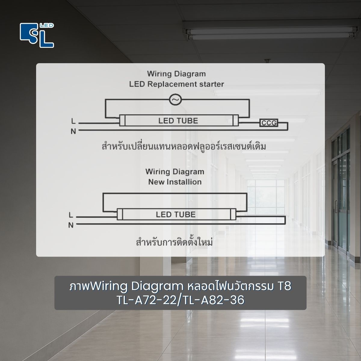 Wiring Diagram หลอดไฟ LED T8 นวัตกรรม TL-A72-22 และ TL-A82-36 แบบเปลี่ยนแทนหลอดฟลูออเรสเซนต์เดิมและแบบติดตั้งใหม่